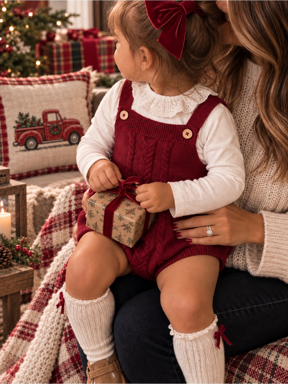 Cat & Jack Baby Girls' Maroon Cable Knit Overall Romper & Ruffle Top - 18 Months